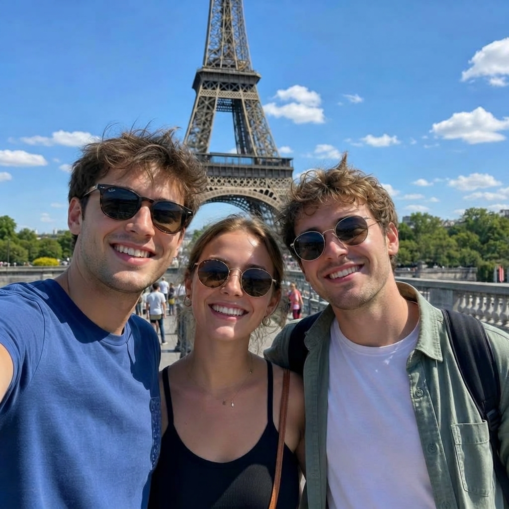Selfie of three friends in front of the Eiffel Tower after a photobombing man in a red jacket was removed from the background