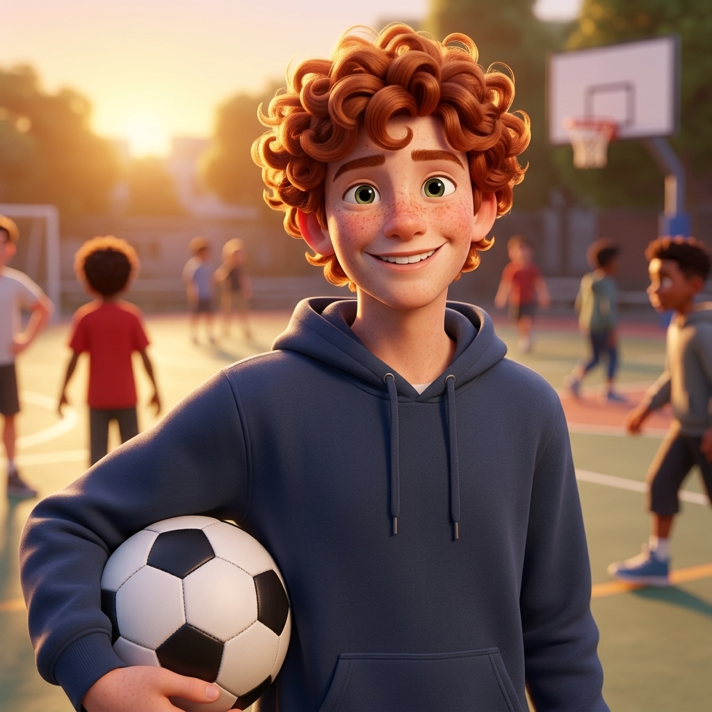 A teenager holding a soccer ball redrawn as a 3D animated character on a sunlit basketball court