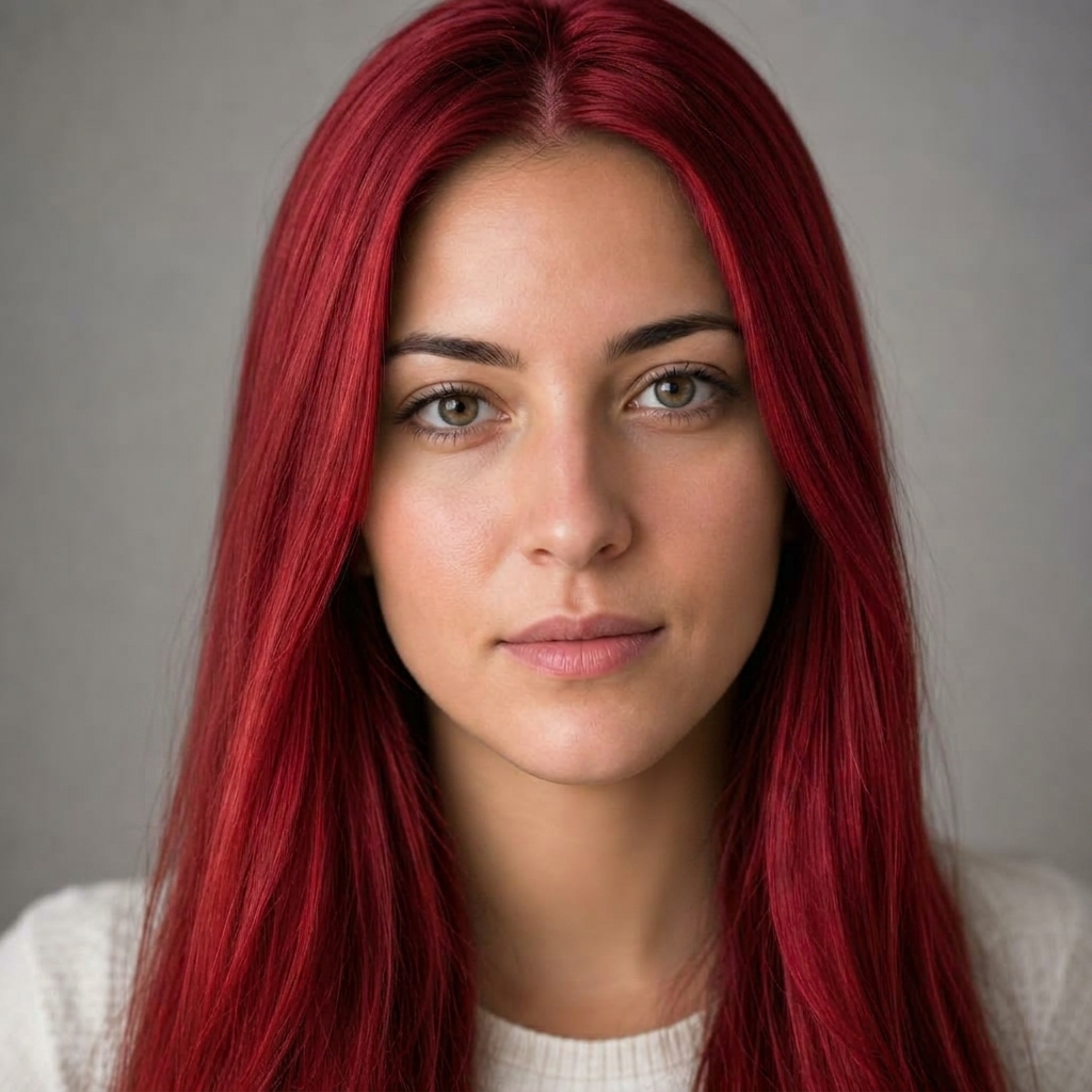 Portrait of a woman whose hair has been recoloured to bright cherry red, with her face, clothing, and background unchanged