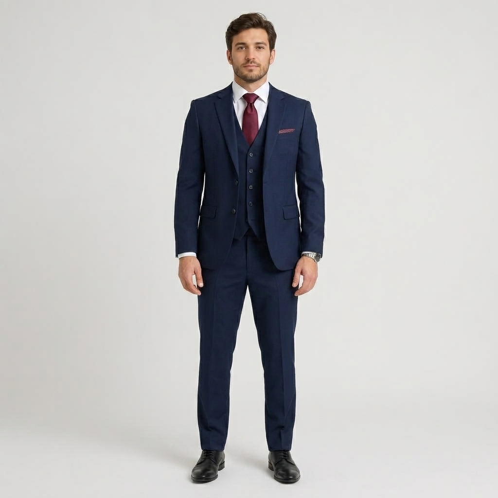 Full-length photo of a man wearing a navy three-piece suit with a burgundy tie against a plain light background