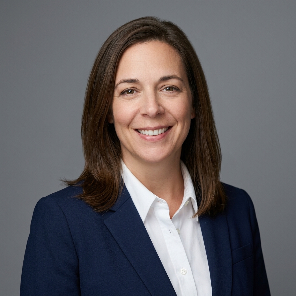 Studio-quality professional headshot of a woman in a navy blazer and white shirt against a plain gray background