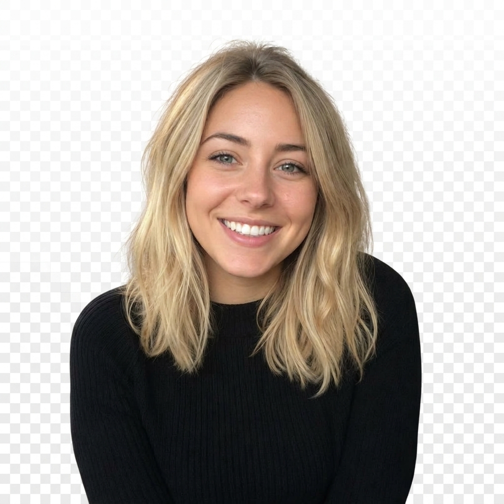 A woman in a black sweater separated from her original background and shown on a transparency checkerboard