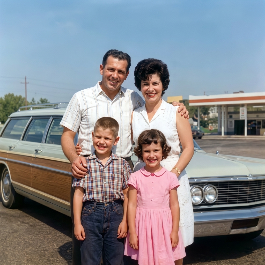 A restored 1960s family photo: four people beside a wood-panelled station wagon, with the scratches, creases, and colour fading removed